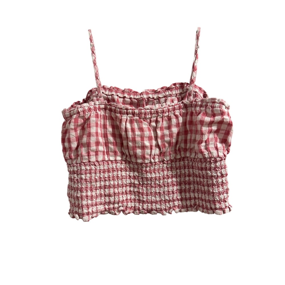 AE Pink Gingham Smocked Cami Crop Top Checkered Ruffle Spaghetti Strap Tank - Picture 3 of 5